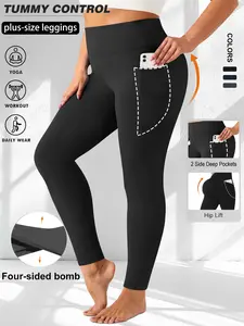Women's Plus Size High Waist Tight Pants, Crescent Pocket Side, Elastic Waistband, Slim Fit, Suitable for Yoga, Sports, Outdoor Activities, Daily Wear, Side Pocket Leggings