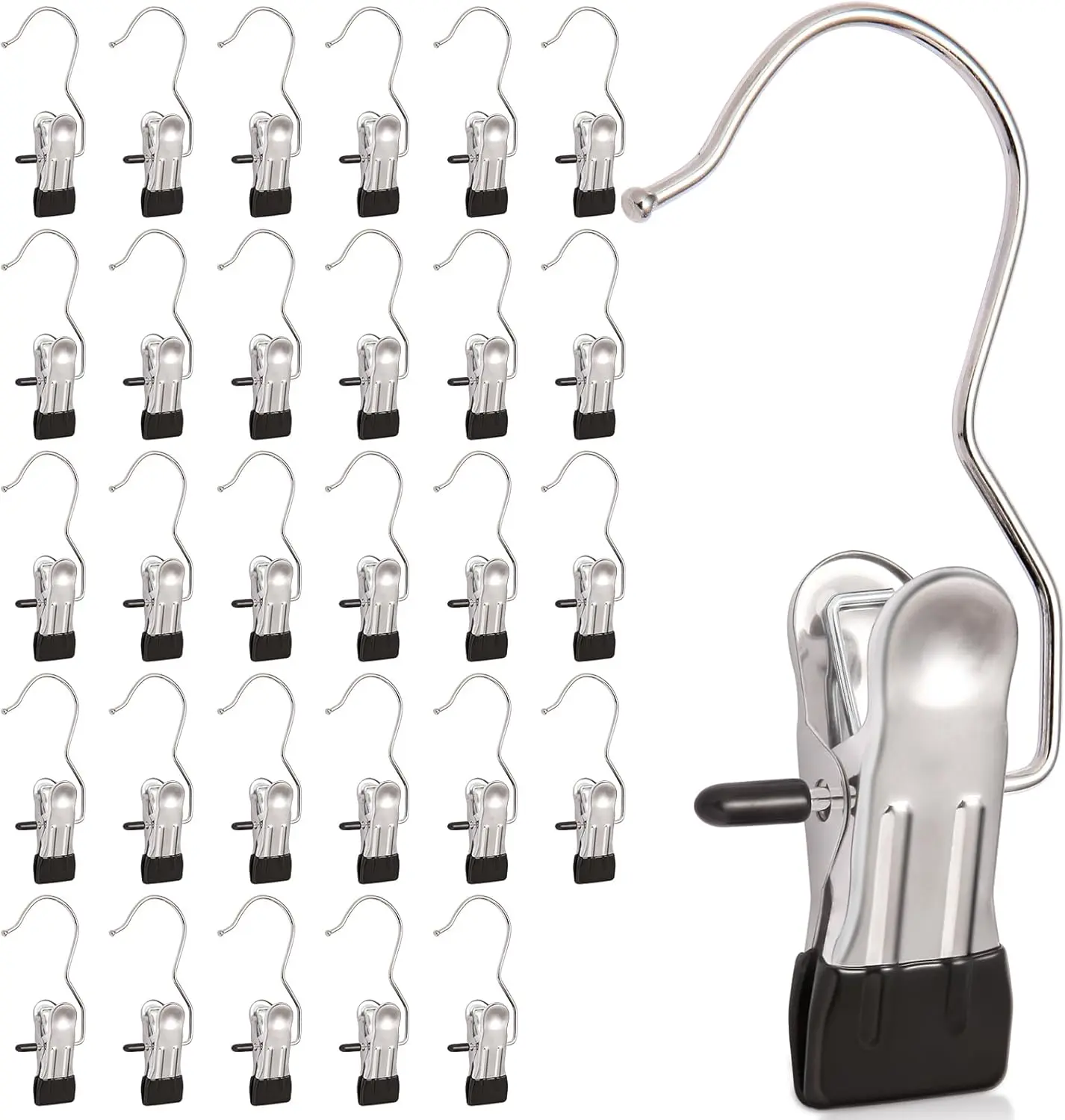30-Pack Sturdy Compact Stainless Steel Hanging Hook Clips, Heavy Duty Lightweight Waterproof, 360° Rotatable Rubber-Coated, Universal Mount Organiser for Clothes, Garage Use, Laundry Hooks Clips, Protects Clothes