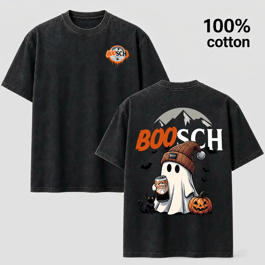 Vintage Washed 100% Cotton Halloween Ghost Graphic Tee - Retro BOOSCH Beer Oversized Short Sleeve Streetwear T-Shirt