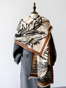 Landscape Print Tassel Detail Scarf, Elegant Soft Warm Boho Style Shawl for Women, Fashion Accessories for Daily Wear