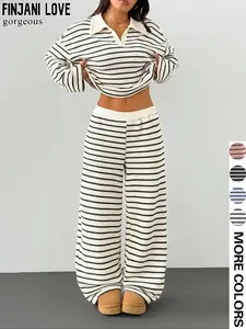 Women's Striped V-Neck Long Sleeve T-Shirt & Elastic Waist Pants Set, Loose-Fit Casual Womenswear Outfit for Fall and Winter Clothes