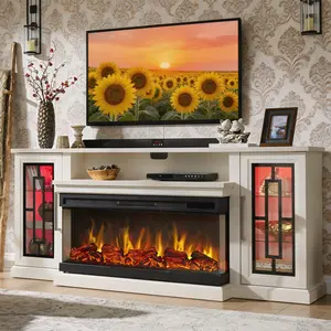 Antique White 75 Inch Electric Fireplace TV Stand, 3- Side Glass LED Modern Media Entertainment Center Console Table for TVs up to 80/85 Inch w/Adjustable Flame, 40’’ Fireplace, Highboy,