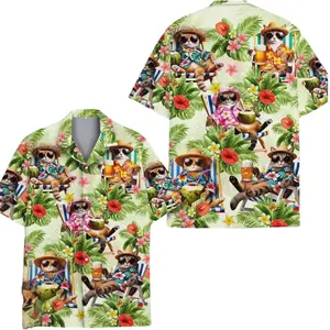 Tropical Cat Hawaiian Shirt, Aloha Summer Beach Button Up, Funny Cat Print Vacation Shirt, Cute Island Outfit for Men Women, Pet Lovers Menswear Top