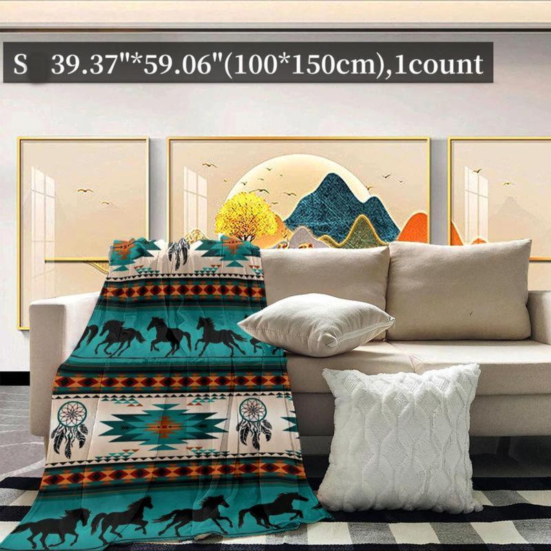 Horse & Geometric Pattern Flannel Blanket, 1 Count Soft Comfortable Throw Blanket, Warm Napping Blanket for Home Office Travel Camping