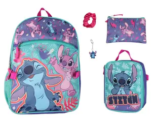 Disney Lilo and Stitch Angel 5 Pc Set Backpack Lunch Box Key Chain Pencil Case Scrunchie 16"