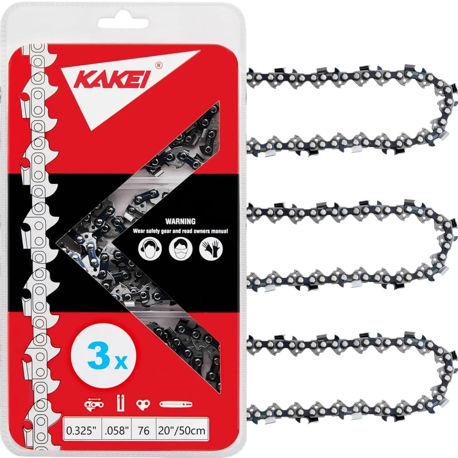 KAKEI 20-Inch Chainsaw Chain, .325" Pitch, .058" Gauge, 76 DL, 3-Pack Fits VEVOR, Supmix 62cc, NEOTEC NCS6200, WEMARS 6220G, Blue Max 53543, 8901, 8902