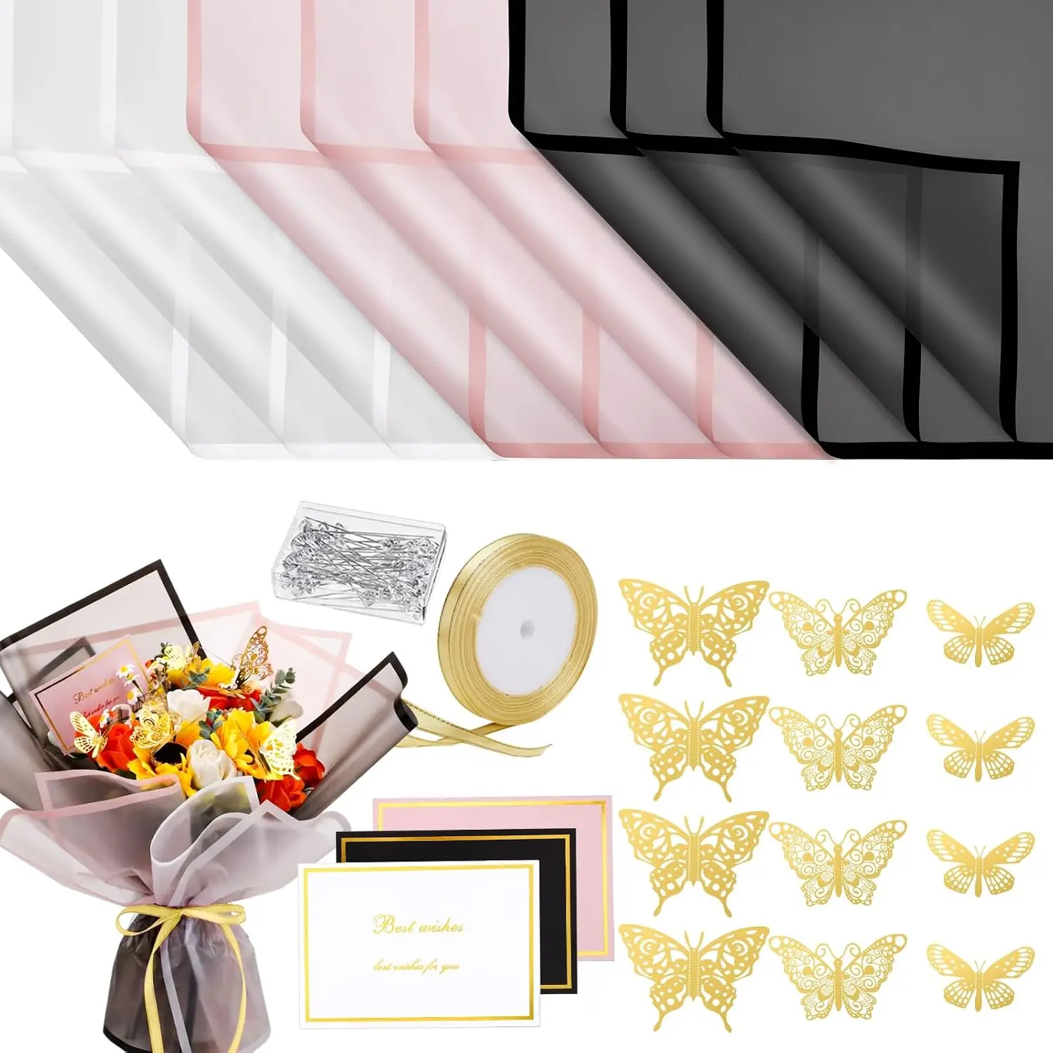 93-Pcs Floral Bouquet Wrapping Paper Kit, 20 Sheets Waterproof Flower Wrapping Paper, 10 Greeting Cards, 12 Gold Butterflies, 50 Flower Pins, 1 Roll Ribbon for Crafts, Parties