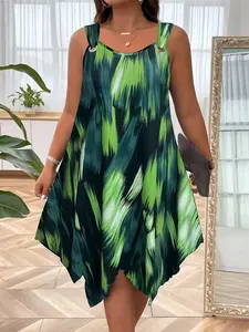 Women's Gradient Print Dress, Sleeveless Round Neck Strap, Asymmetrical Hem, Summer Casual, Perfect for Leisure Wear, Womenswear