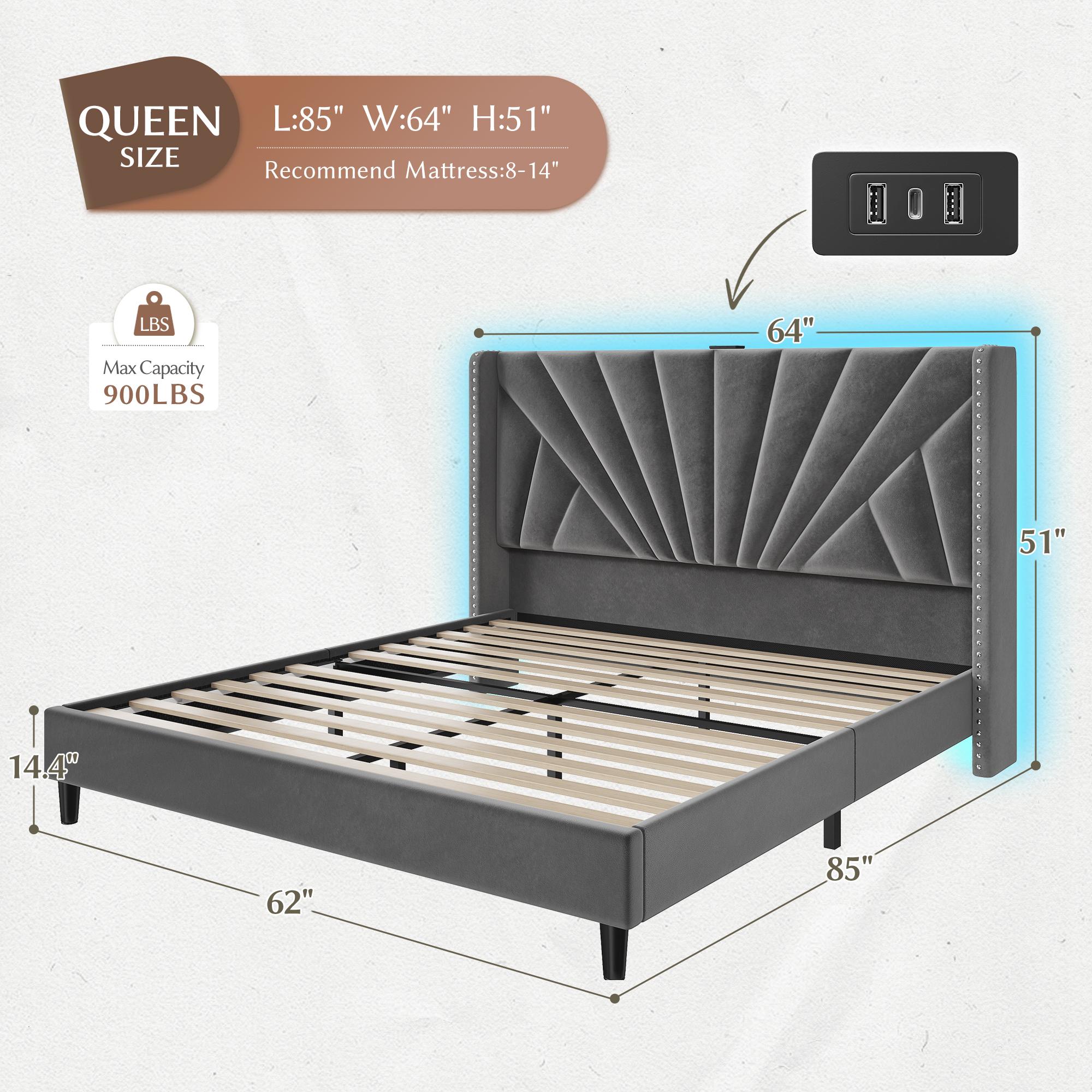 Raybee Furniture Queen Velvet Upholstered Bed Frame with 51" Tall Headboard, NO MATTRESS, Upholstered Bed Frame, King Size with LED Lights and Charging Station, Sturdy Wood Slat, Easy Assembly, No-Noise, Gift for Moving House [Black Friday]