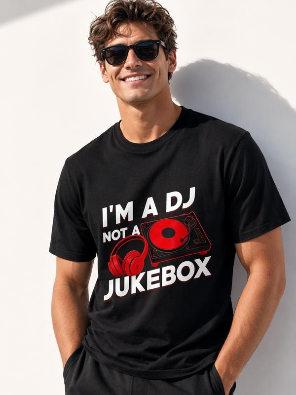 Menswear Fitted Crew Neck Medium Length Short-Sleeve Cotton T-Shirt - DJ Culture Graphic, "I'm A DJ Not A Jukebox" Slogan, Turntable & Headphones Prints, Streetwear Casual Top, Machine & Cold Washable for DJ Enthusiasts