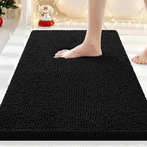 Luxury Chenille Bathroom Rugs 30x20, Extra Soft and Absorbent Shaggy Bath Mat, Machine Washable, Non-Slip Plush Carpet Runner for Tub, Shower, and Floor, Home Decor Accessories, Black
