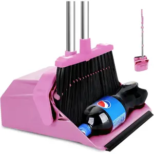 Broom with dustpan combo set 51 broom and dustpan set broom and dust pan with handle brooms with standing dustpan house broom for pets hair and floor cleaning pink