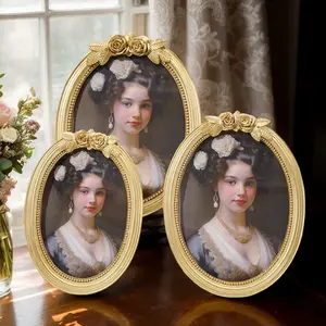 1pc Resin Oval Rose Frame Photo Display Picture Frame, European Style Classical Pattern Decorative Frame, Home Desktop Decoration