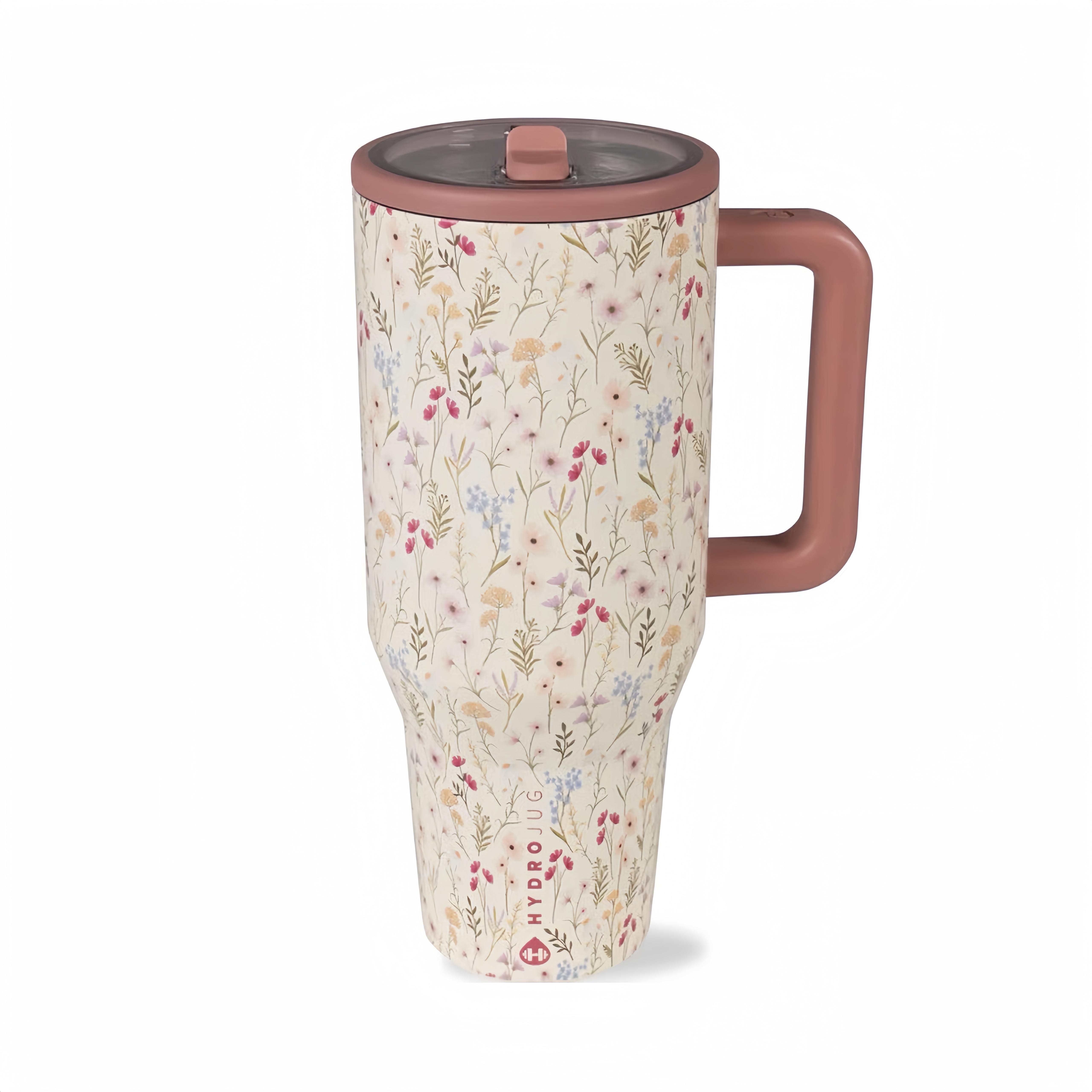 HydroJug Traveler 40oz Tapered Stainless Steel Thermal Insulated Vacuum Flask - Casual Commute Use, Silicone Handle, Leakproof Flip Lid Straw, Soft-Tone Floral Wildflower Design, Reusable Car Cup Holder-Fit School Drinkware