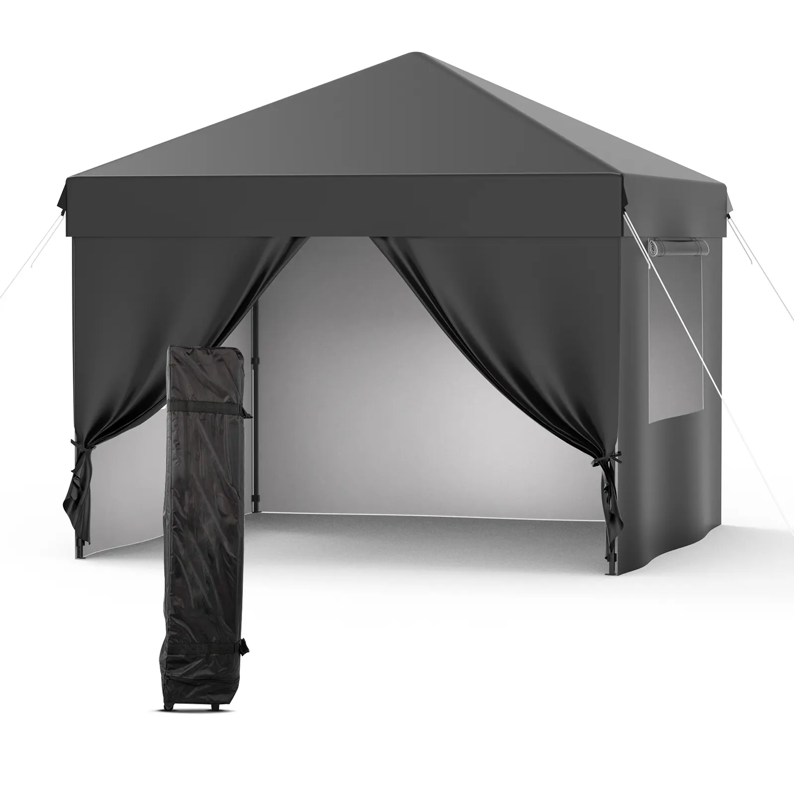 Portable pop-up tent with detachable side walls and windows - adjustable height, wheeled bag, sandbags, ropes, wooden stakes - direct outdoor shelter for backyard, parties, terraces, camping, commercial activities - black/gray