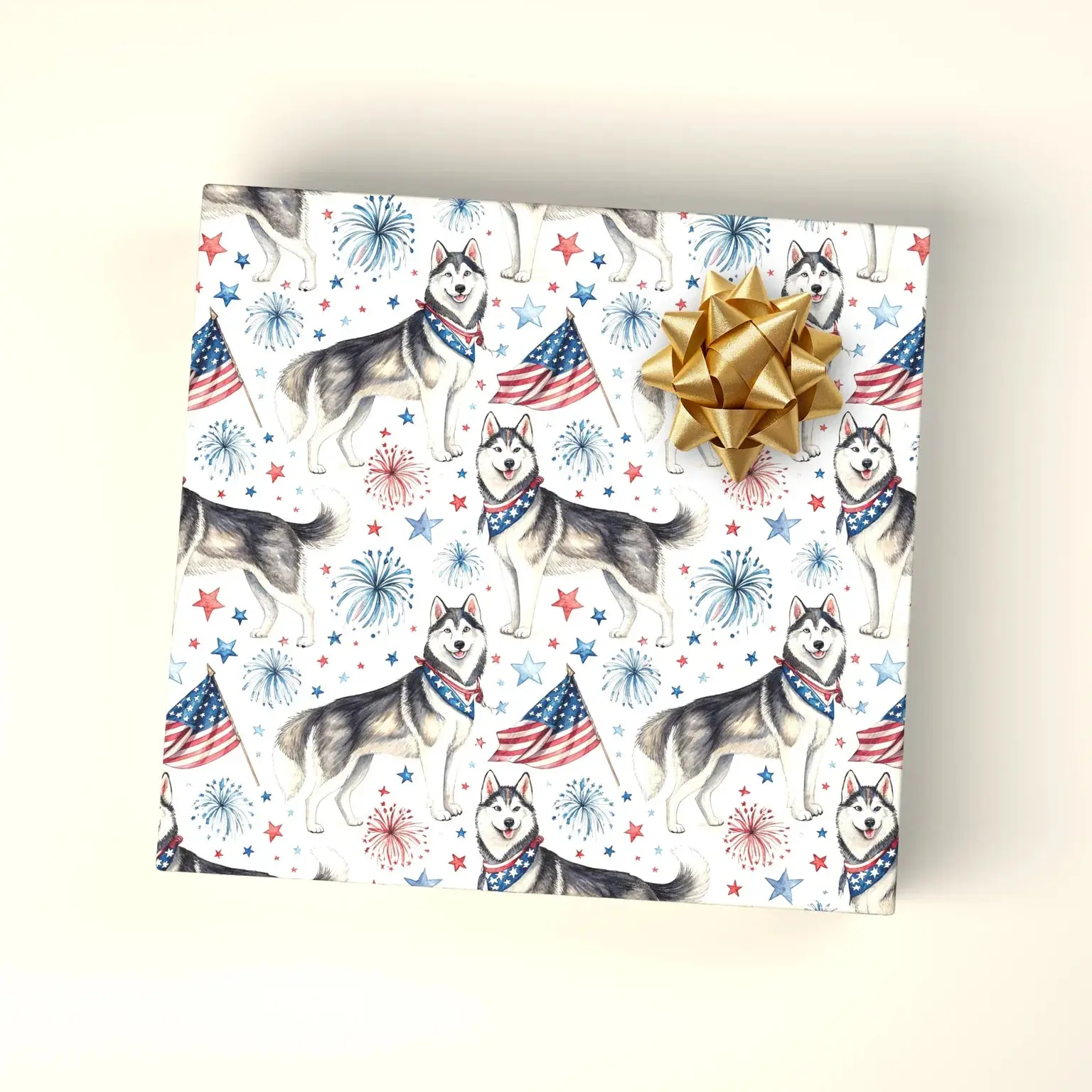 Patriotic Siberian Husky Themed Thick Wrapping Paper - Striped, Bandana Knotted Novelty Print, 15ft Roll, 30in Wide, Cream Background, Tear-Resistant, Vivid Color Front, National Pride, Premium Office Stationery Craft Paper Gifts & Wrapping Supply