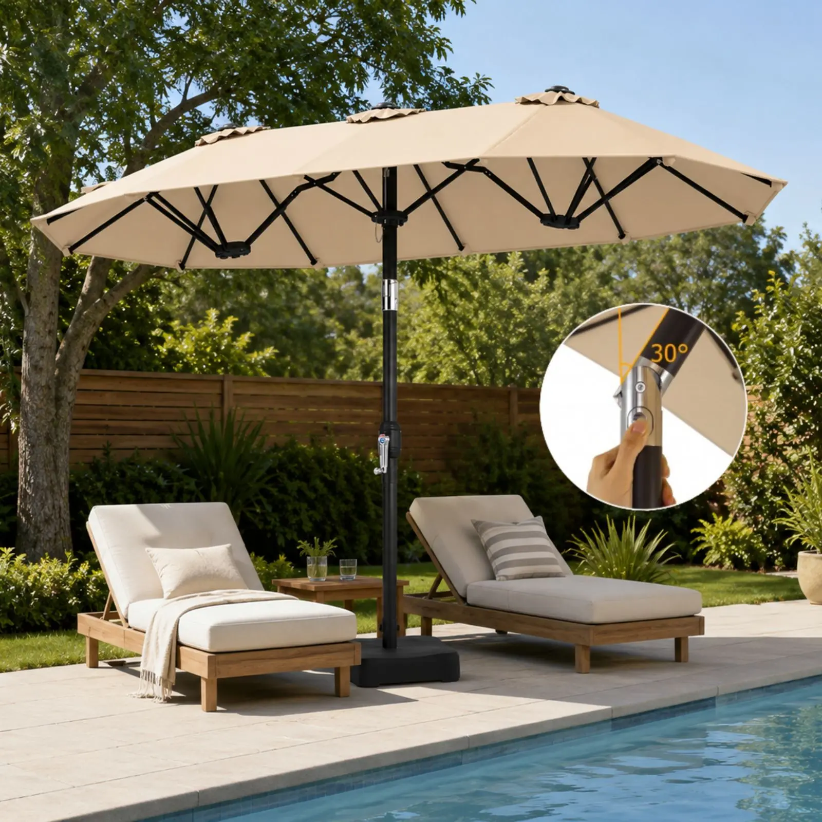 【With Base】COSTWAY Double-Sided Patio Umbrella w/Push Button Tilt, 10 x 5.3 FT Outdoor Market Table Umbrella with Crank Handle, 3 Air Vents, Sun-Protective Canopy, 12 Sturdy Ribs for Pool Garden Deck Backyard