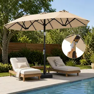 【With Base】COSTWAY Double-Sided Patio Umbrella w/Push Button Tilt, 10 x 5.3 FT Outdoor Market Table Umbrella with Crank Handle, 3 Air Vents, Sun-Protective Canopy, 12 Sturdy Ribs for Pool Garden Deck Backyard