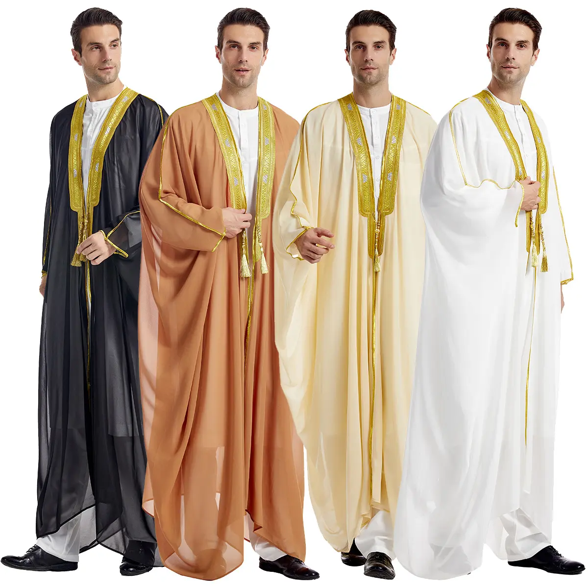 Men's loose-fitting large-size embroidered long-sleeve chiffon outer robe with tassels and gold beads