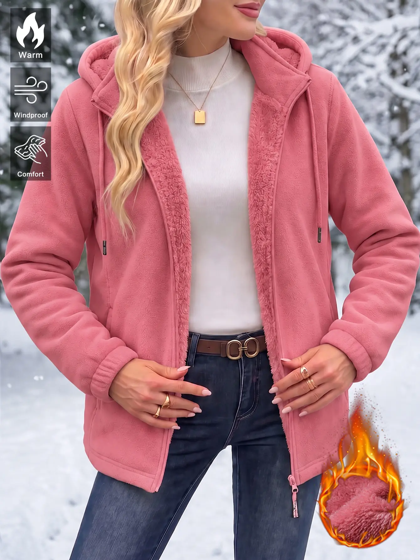 Womens Zip Up Fleece Hooded Outer Jacket, Adjustable Drawstring Hood, Full Front Zipper, Insulated Interior, Wind Resistant Lightweight Fabric, Side Zip Pockets, Elastic Cuffs, Soft Comfort Cold Weather Wear