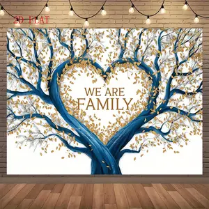 1 piece polyester fiber family tree backdrop, golden leaves and green plants, vibrant "We Are a Family" banner, entrance decoration, spring/summer party photography backdrop, home and event decoration