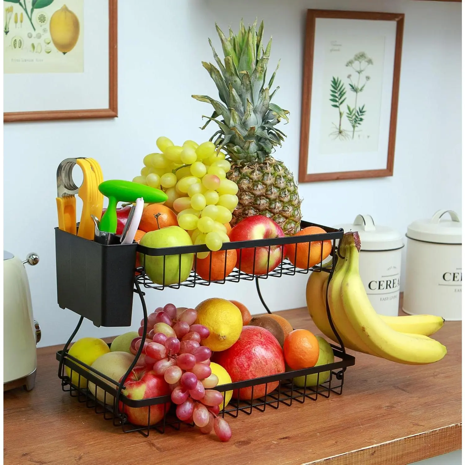 2 Tier Fruit Basket with Banana Hanger & Utensil Pocket – Metal Kitchen Counter Organizer for Fruits, Vegetables, Bread & Snacks + 3 Tools (Apple Corer, Banana Slicer, Peeler) – Perfect for Kitchen