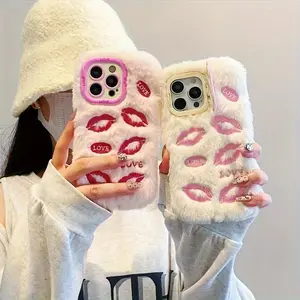 Sexy Lip Embroidered Plush Smartphone Case with Lens Stand, Compatible with Apple iPhone Models 17pro Max to 11, Stylish Protective Cover