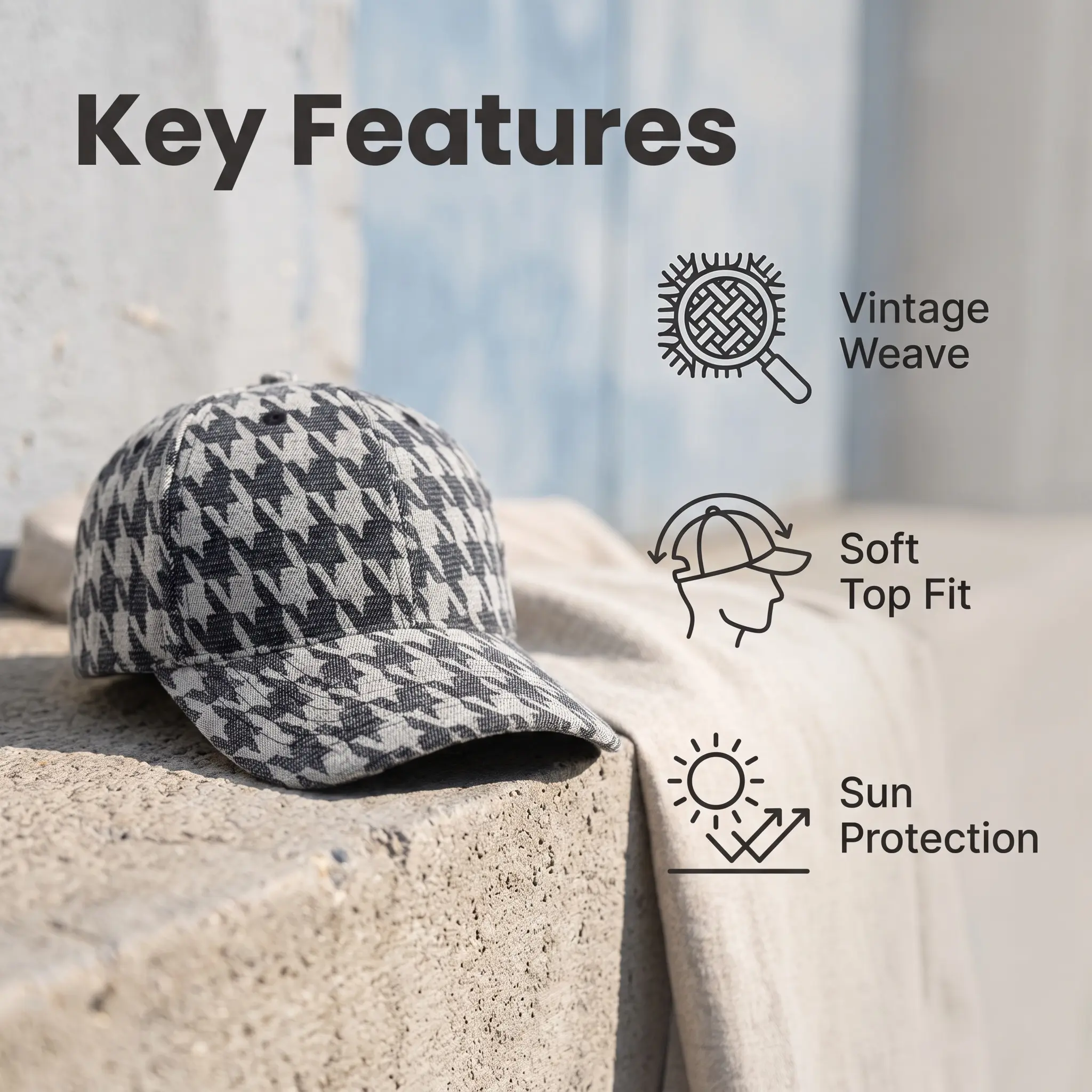Guanhua Houndstooth Baseball Cap - Vintage Checkered Look Woven Denim Unisex Free Size Hat for Casual Wear, Retro Street Daily Use