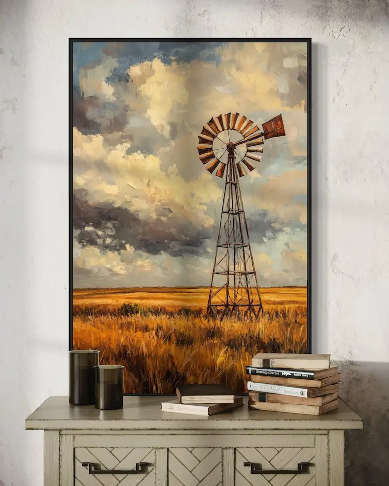 Poster Rustic Windmill Print – Vintage Farmhouse Landscape Art, Country Prairie , Western Wall Decor, Rural Sunset Painting (unframed)