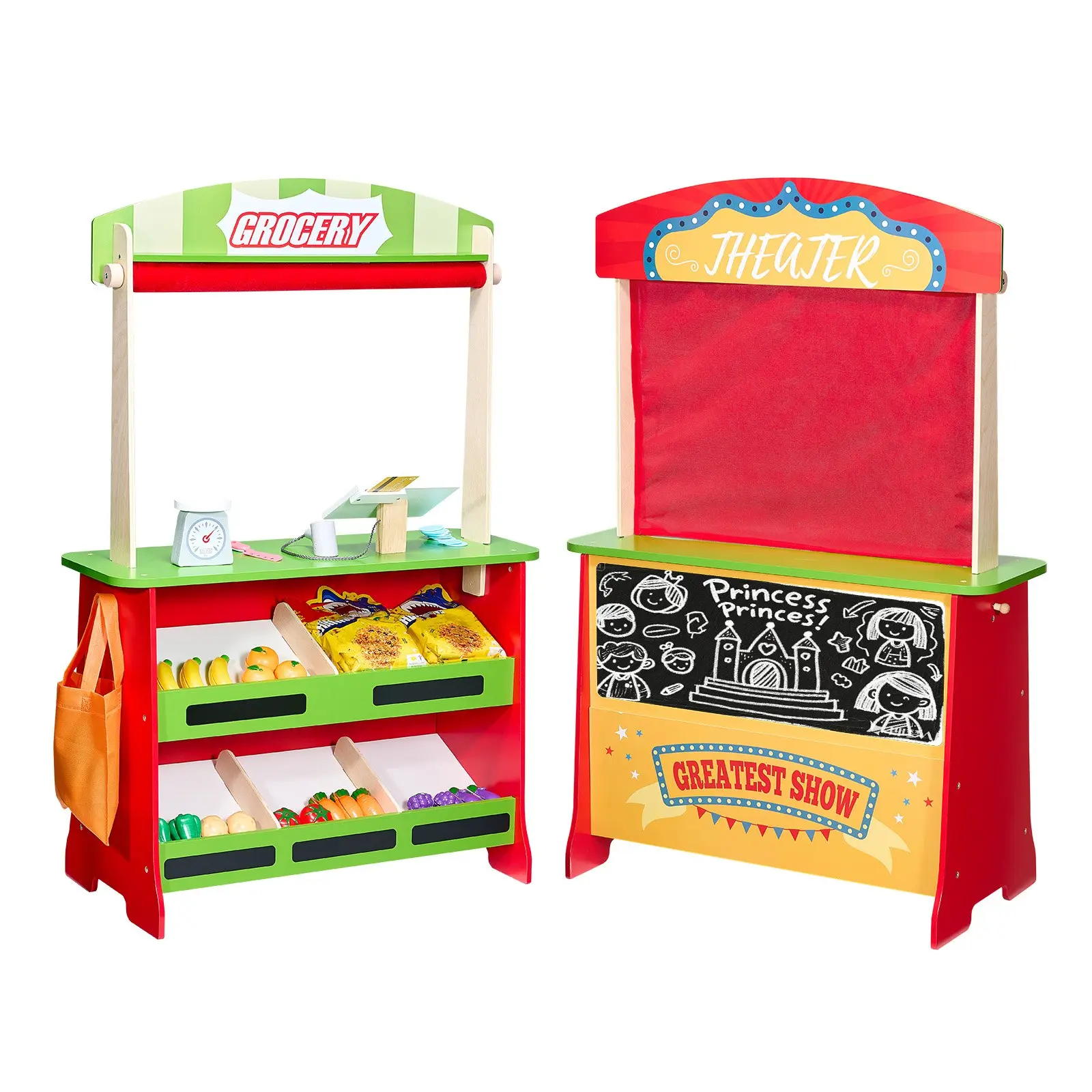 【DealsForYouDays】VEVOR Large MDF Wood Puppet Theater with Curtains, 2-in-1 Reversible Play Store-Grocery Stand with Chalkboard & Cash Register, 17.86 lbs, 27.36x13.19x40.47 in/69.5x33.5x102.8 cm, Easy to Clean Kids Role-Playing Fun Ideal Gift Toy ac7730a