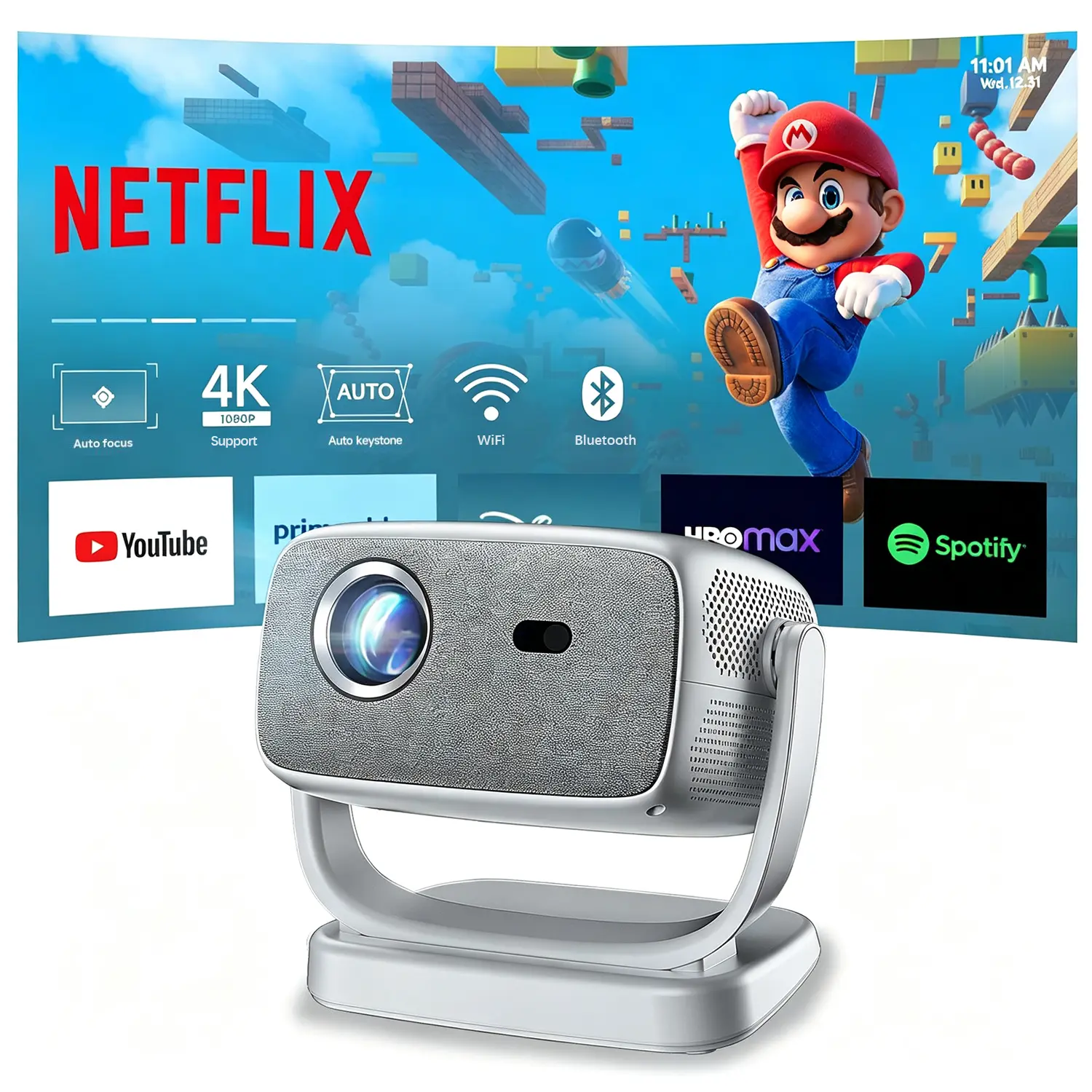 HUANLETOU Mini Portable Projector, Smart Android TV, LCD Display, Auto Focus, Up to 150" Screen, Home Theater Outdoor Movie Night