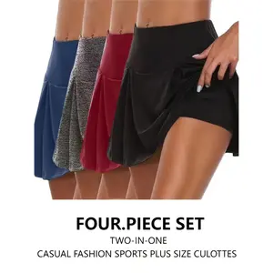 Set of 4 Plus-Size Women'S Sports Skorts, Double-Sided Pleated Solid Color Workout Yoga Skirts, Casual Skorts, Plus-Size Women'S Clothing for Spring And Summer