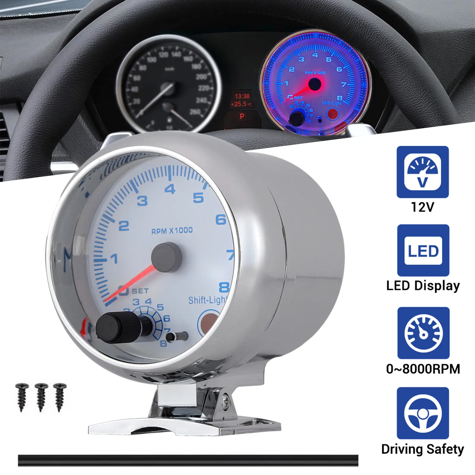 3.75" 12V Universal Car Tachometer Gauge 0-8000 RPM with LED Shift Light – White Face, for Gasoline Engines Only