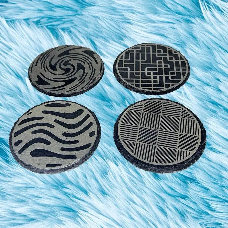 Engraved Geometric Slate Coaster Set of 4 Natural Stone Drink Coasters Housewarming Gift with Free Gemstones & Stickers