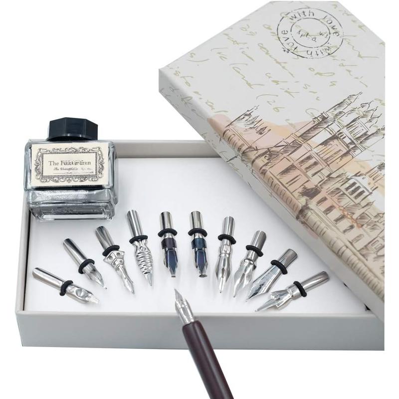 Calligraphy Set for Beginners Quill Pen and Ink Set Fancy Pens with Black Ink and 11 Nibs for Lettering,Drawing, Journaling, Signing, Invitation HO-Q-301