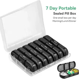 XL Weekly Pill Organizer 3x Daily 7-Day AM PM Pill Box with Large Opening Privacy Shield Design for Vitamins Fish Oil Supplements and Medications Black Portable Healthcare