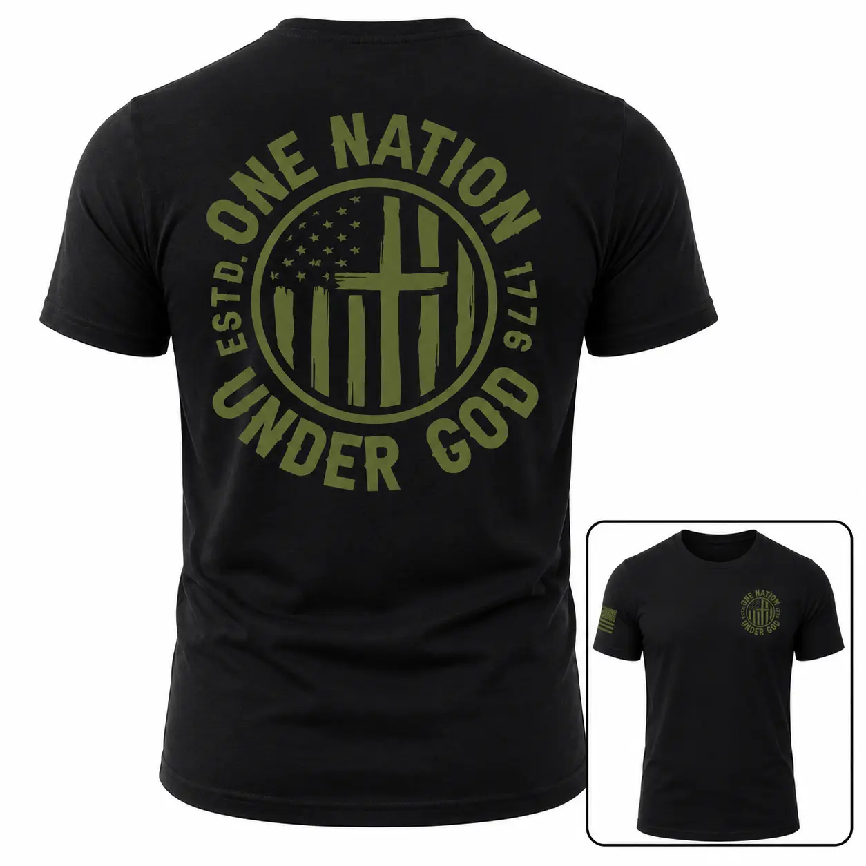 Men's Casual Short-Sleeve Patriotic Christian T-Shirt, 1 Nation Under God, Faith Cross, American Flag Graphic, USA Military Tee
