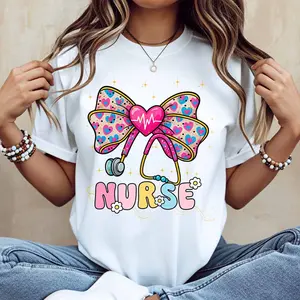 Colorful Bow And Stethoscope Nurse Print T Shirt Women Casual Short Sleeve Top Fashion Graphic Tee For Nurses And Healthcare Workers