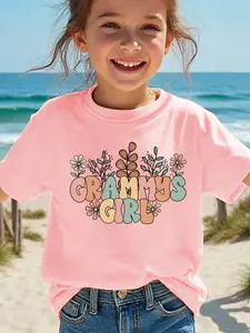 Girls' "GRAMMY'S GIRL" Floral Graphic T-Shirt, Kids Short Sleeve Crewneck Tee, Retro Boho Grandma & Granddaughter Bond Casual Top