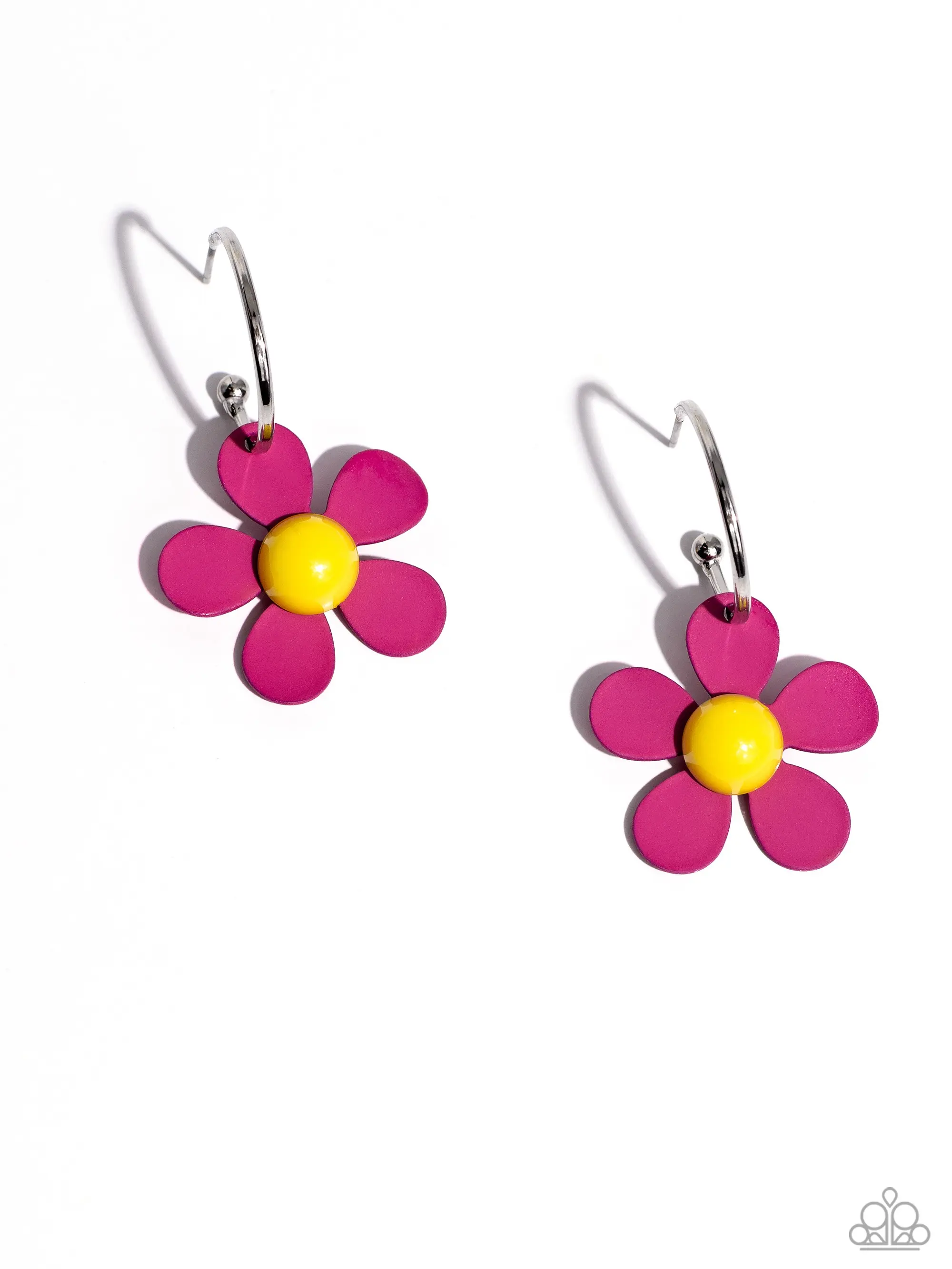 More FLOWER To You - Pink 3/4" Hoop Earrings, Mini Silver Hoop with Pink Petal and Yellow Center Flower