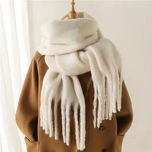 Cozy Winter Scarf for Women - Soft Imitation Fleece, Long Solid Color with Tassels, Warm & Stylish for Cold Weather, 240cm / 94.49in, Cream White, Polyester, Perfect for Outdoor Activities, Outdoor Scarf | Versatile Fashion | Seasonal Fashi