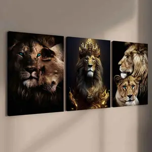 3-Piece Lion Group Canvas Art Set, Solid Wood Frame Wall Decor for Living Room & Bedroom, High-Definition Print, Canvas Prints, Waterproof Painting