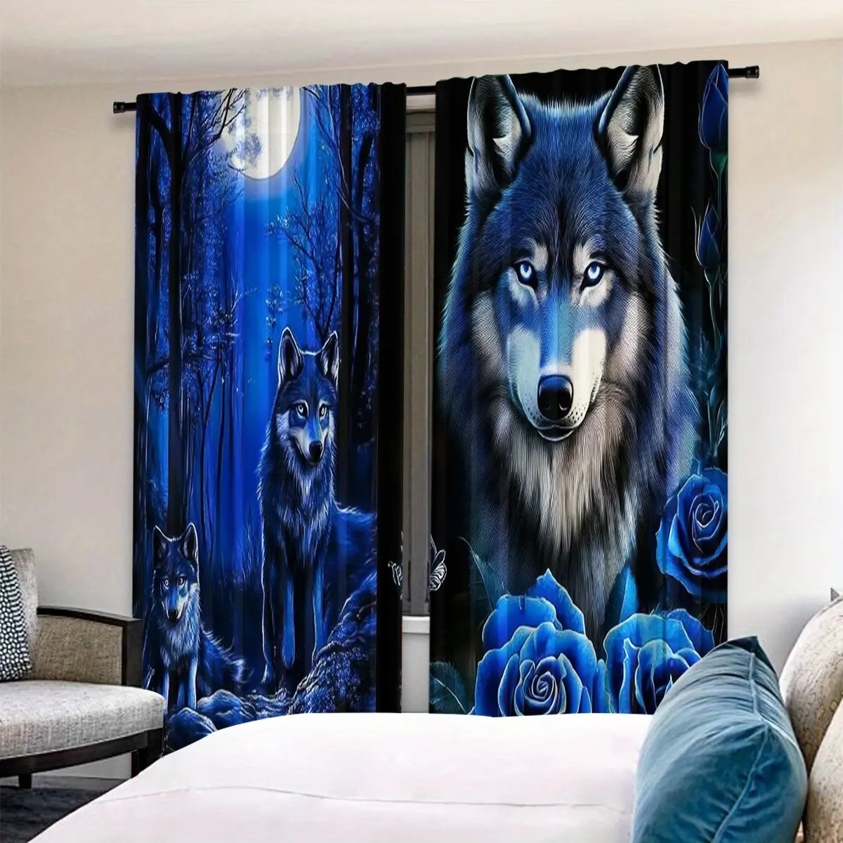 2 Piece Wolf Print Window Curtains Set, Home Decorative Curtain, Mystery Wild Style, Perfect for Living Room and Bedroom Decor, Unique Atmosphere Decoration