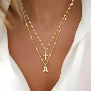 Alphabet Cross Double-Layer Necklace 14K Imitation Gold Copper Inlaid with Zirconia Layered Style Necklace
