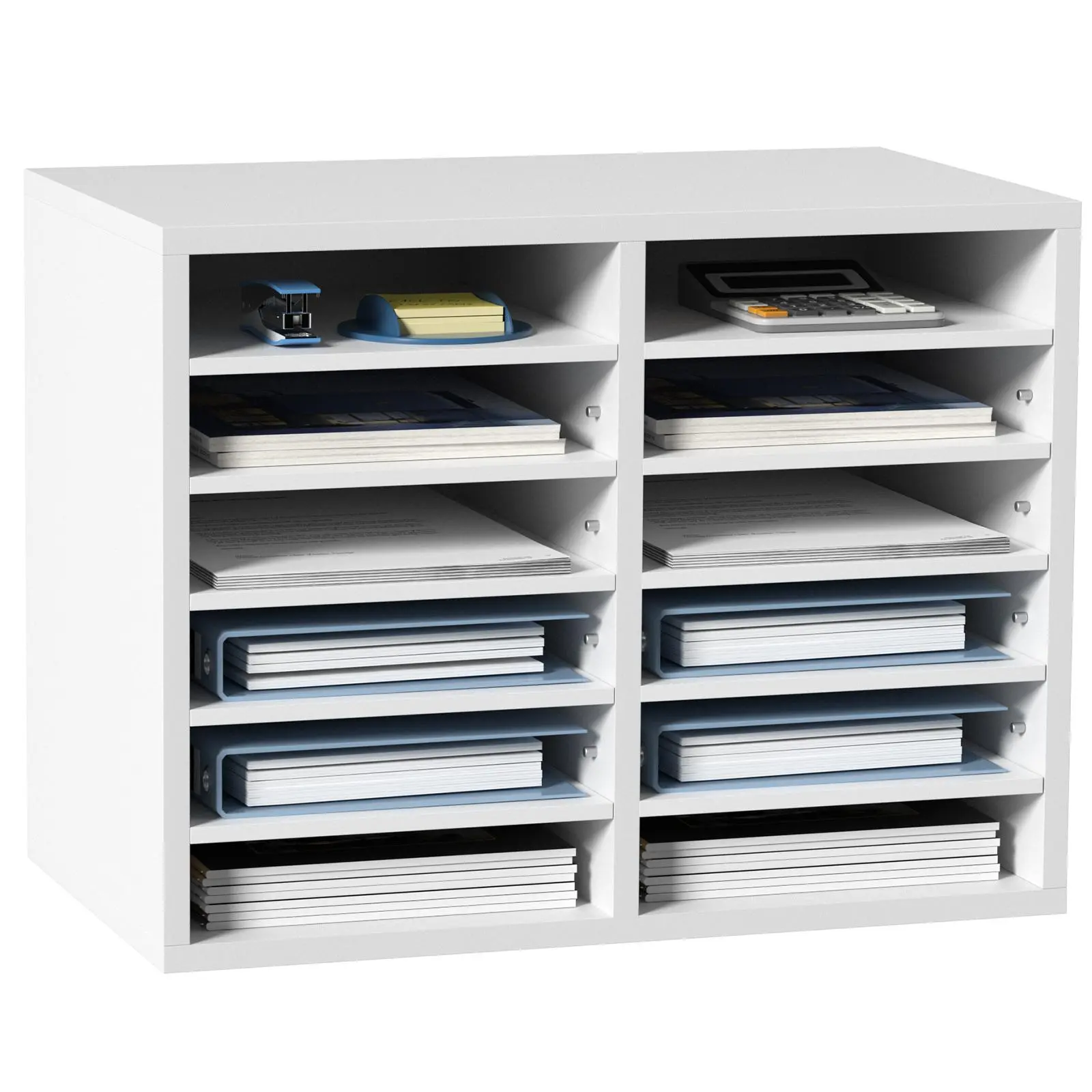 VEVOR Literature Organizers, 12 Compartments Office Mailbox with Adjustable Shelves, Wood Literature Sorter 20.4x12x16.1 inches for Office, Home, Classroom, Mailrooms Organization, EPA Certified White, Work Organizer, Files Organizer