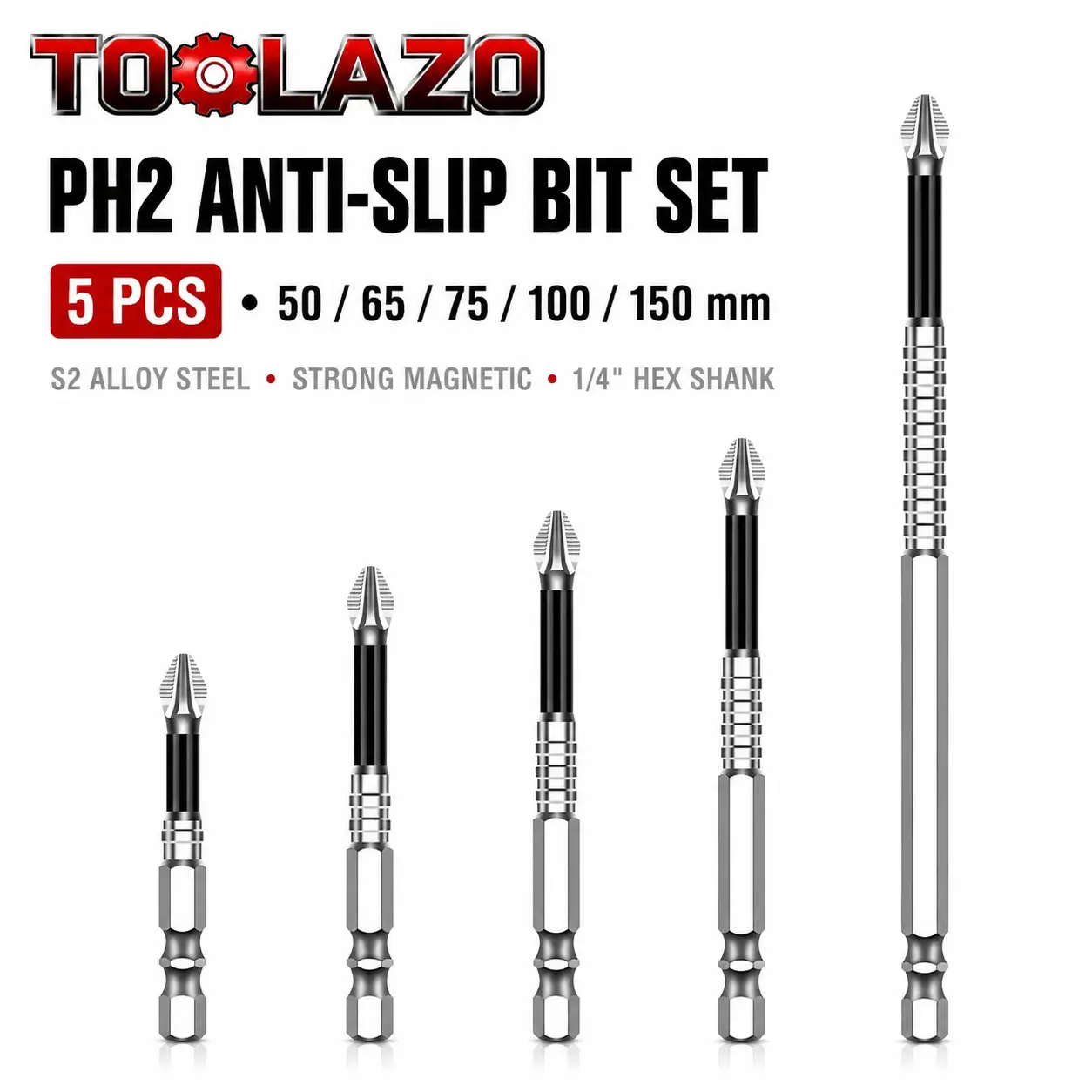 5 Pcs S2 Steel Nickel PH2 Phillips Magnetic Screwdriver Bits - 1/4 Inch Hex Shank Impact Grade Cross Bits with Anti-Slip Serrated Tips for Power Drills, Manual Drivers, 50mm/65mm/70mm/90mm/150mm Sizes for DIY Home, Construction Tasks