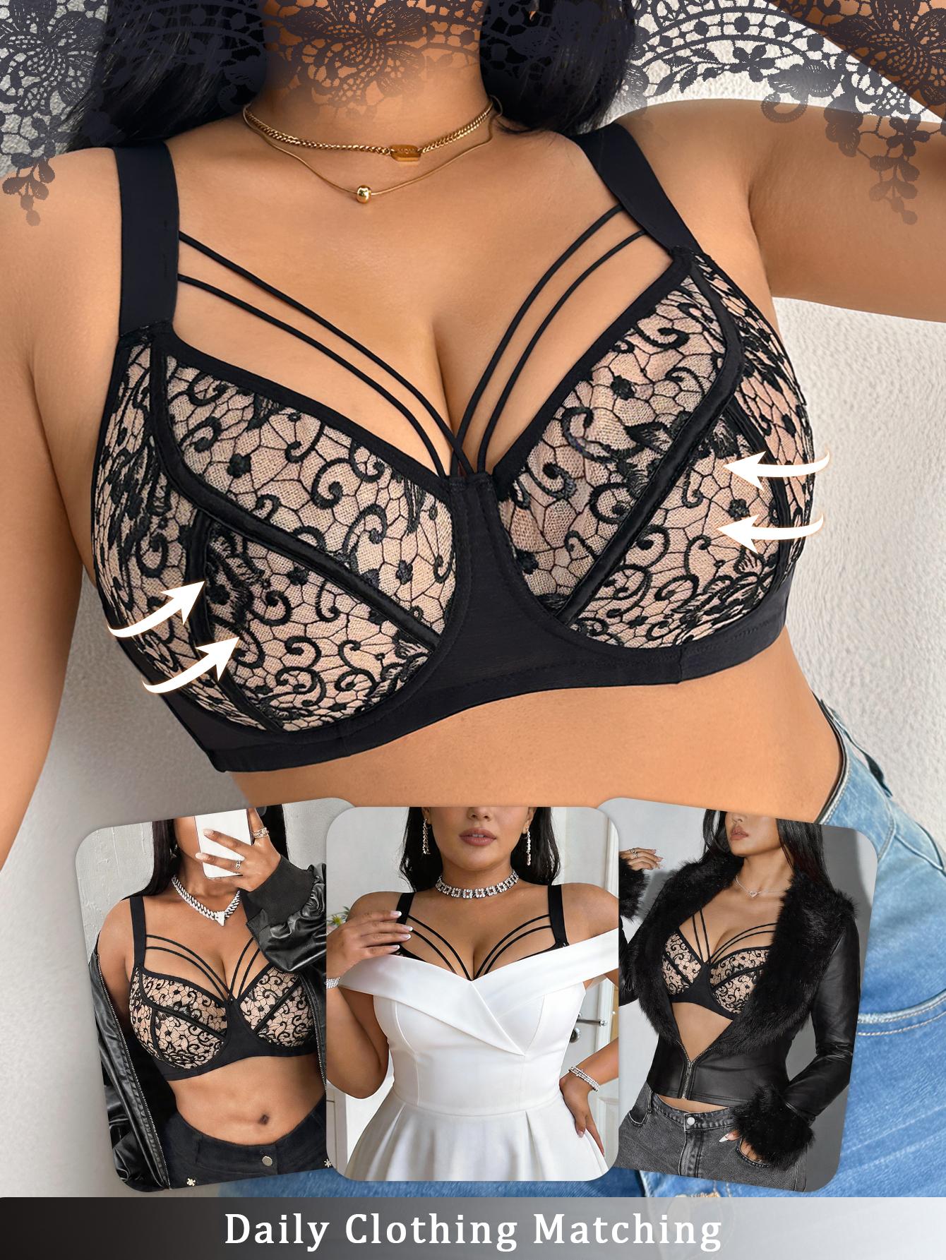 【DealsForYouDays】MIMILEMON Plus Size Women's Polyester Lacy Floral Print Underwire Minimizer Bra - 38C-48DDD Full Coverage, Full Support for Large Bust, Elegant Feminine Aesthetic, Valentine's Day Summer Essential