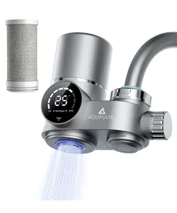 AQUPUVIR Faucet-mounted water filter with three-stage filtration, LED Display Sink Water Filter,UV-C sterilization, and a self-powered display; features two modes, safe for food and skin – compatible with 22/24/28 mm and round faucets