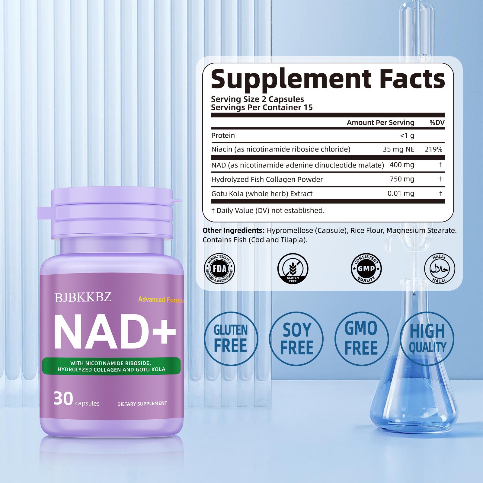 BJBKKBZ NAD+ Supplement with Nicotinamide Riboside, Hydrolyzed Collagen & Gotu Kola, Three-in-One Formula for Cell Revitalization, 30 Capsules