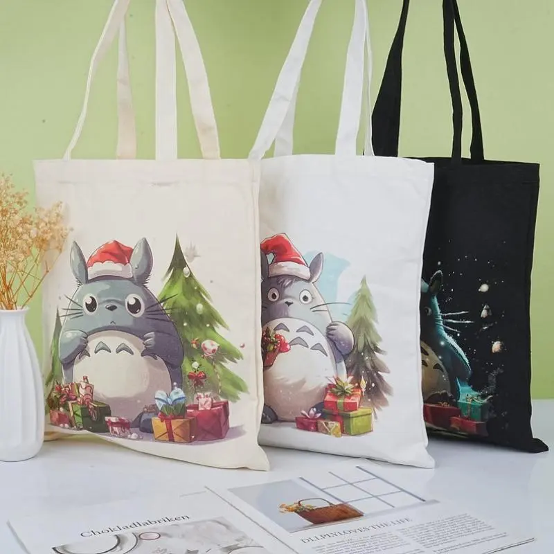Christmas Totoro Canvas Tote Bag,Reusable Grocery Bag for Women,School Bag,Winter/Thanksgiving/Xmas Gifts
